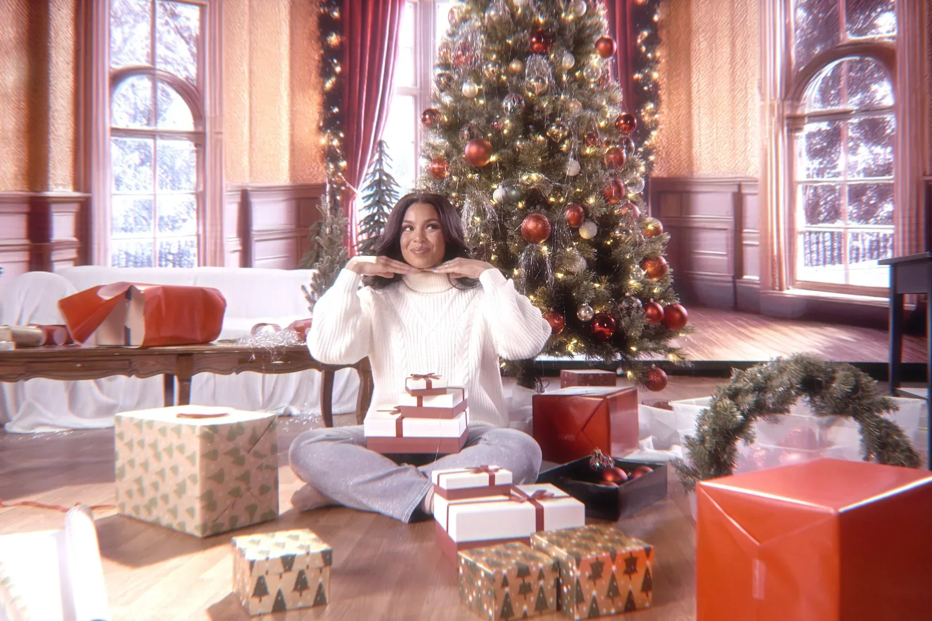 Jordin Sparks under a Christmas tree